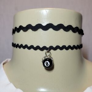 🎱Y2K Deadstock Black Wavy Rotating 8 Ball Eightball Biker Choker silver hardwar